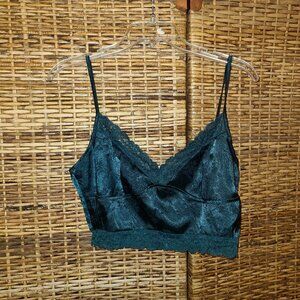 Boho Rock Moto Boho Green Satin Lace Trim Wireless Crop Top SZ L